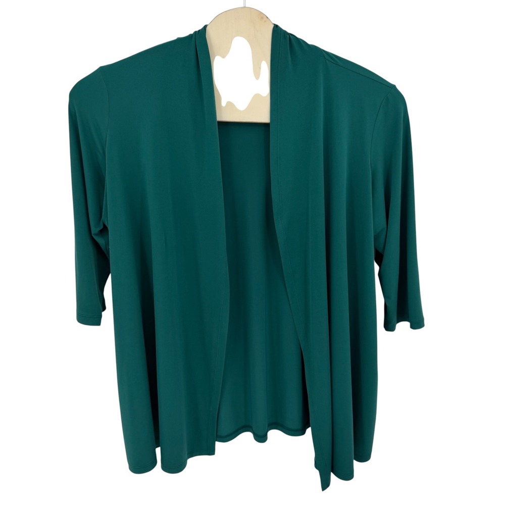 Susan Graver Cardigan Women 2X Green Open Front 3/4 Sleeve Liquid Knit Holiday